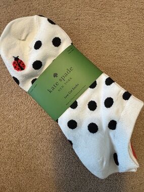 Kate Spade White Polka Dot Low Cut Socks with Red Ladybug Accent